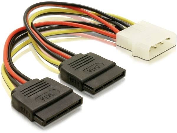 SATA-Netzkabeladapter mit zwei schwarzen Anschlüssen und einem weißen, für den Anschluss von Festplatten an ein Netzteil.