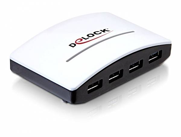 Ein weißer USB-Hub mit vier Ports von der Marke 'Delock'. Ideal zur Erweiterung von USB-Anschlüssen an einem Computer oder Laptop.