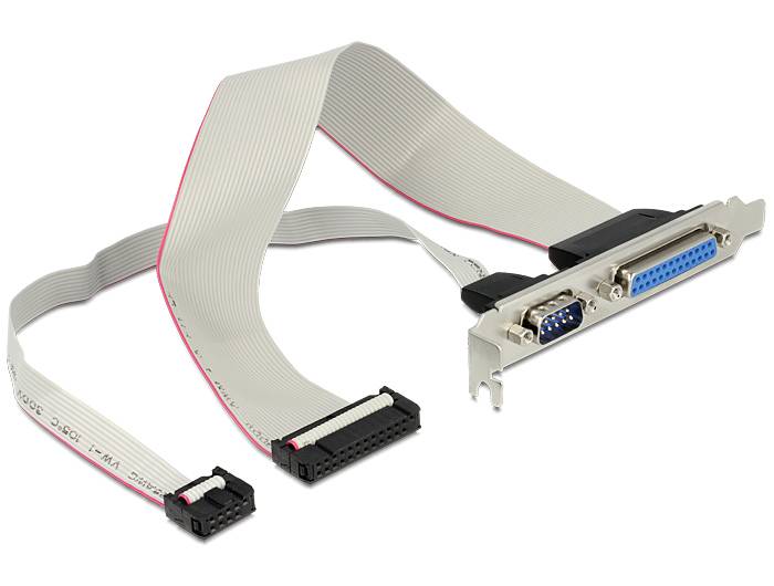 Flachbandkabel mit zwei Steckverbindungen: Einer parallelen und einer seriellen Schnittstelle, die für den Anschluss von Geräten an ältere Computer genutzt werden.