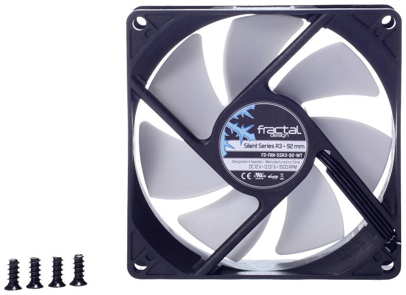 Ein schwarzer Computerlüfter der Marke Fractal, Modell Silent Series R3, mit vier Montage-Schrauben. Geeignet für 92 mm Lüfterplätze.