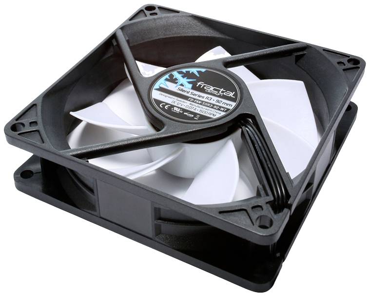 Ein schwarzer Computerlüfter mit weißen Flügeln, geeignet für Gehäusekühlung. Markierung in der Mitte zeigt technische Informationen.