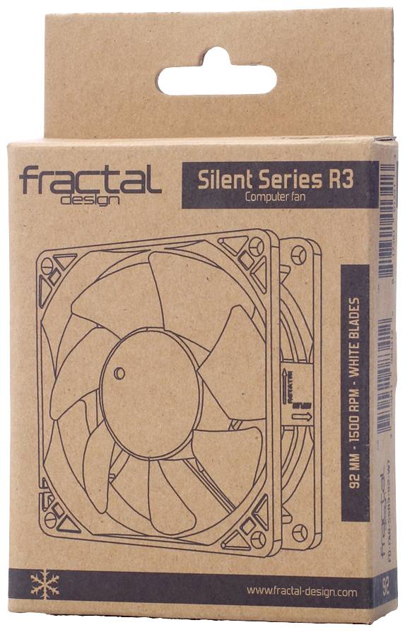 Pappverpackung eines Computerlüfters 'Silent Series R3' mit gezeichnetem Lüfterbild und Textinformationen zu Modell und Spezifikationen.