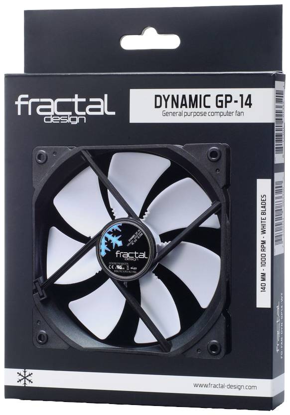 Schachtel eines Computerlüfters 'Fractal Dynamic GP-14' mit schwarzem Rahmen und weißen Lüfterblättern, Angaben zur Drehzahl.