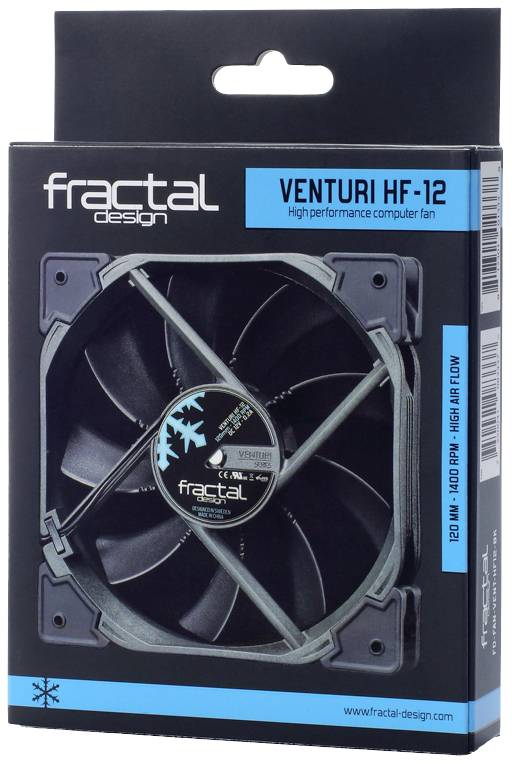 'Fractal Design Venturi HF-12' in schwarzer Verpackung, zeigt einen hochwertigen Computerlüfter.