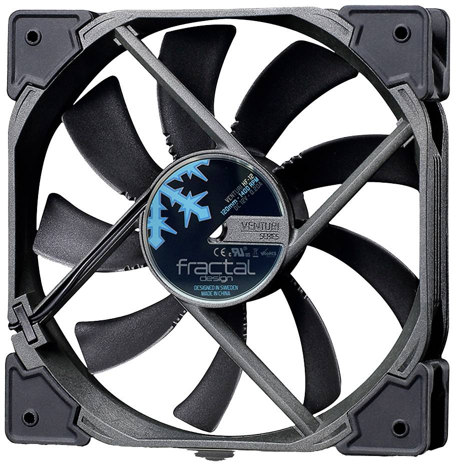 Ein schwarzer Computerlüfter mit neun Rotorblättern, zentralem Aufkleber mit Logo und Modellinformationen, von Fractal Design.