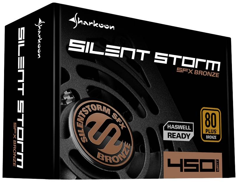 Verpackung einer Sharkoon SilentStorm SFX Bronze 450 Watt Netzteil, Haswell ready, 80 Plus Bronze zertifiziert für hohe Energieeffizienz.