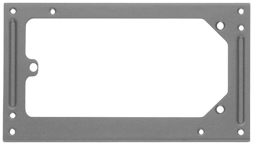 Metallplatte mit rechteckiger Aussparung, zwei runden und zwei ovalen Löchern an den Ecken, dient als Montagehalterung.