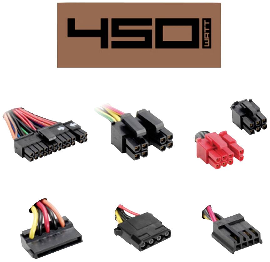 Netzteilkabel-Set mit verschiedenen Steckertypen vor braunem Hintergrund mit der Aufschrift '450 Watt'.