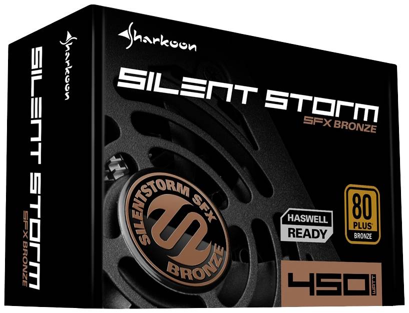 Sharkoon Silent Storm SFX Bronze 450W Netzteil Verpackung. Haswell-Ready. 80 Plus Bronze Zertifizierung.