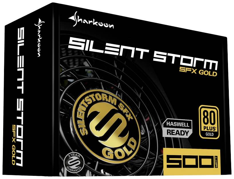 'Sharkoon Silent Storm SFX Gold' Netzteilverpackung, zeigt Logo, 'HASWELL READY', '80 PLUS GOLD', '500 Watt'. Produktmerkmale im Fokus.