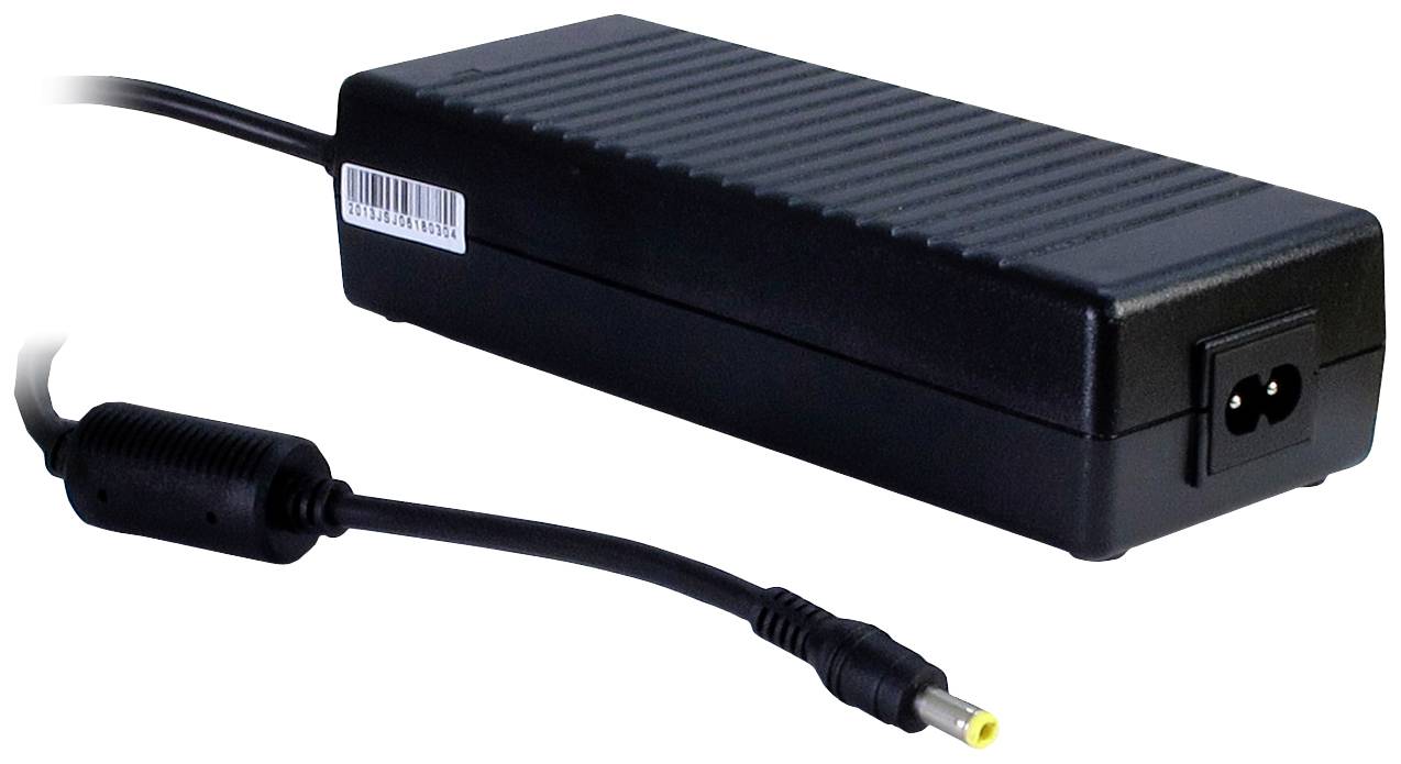 Ein schwarzes externes Netzteil mit einem Stromkabel und gelb-schwarzem Anschlussstecker, verwendet zum Laden elektronischer Geräte.