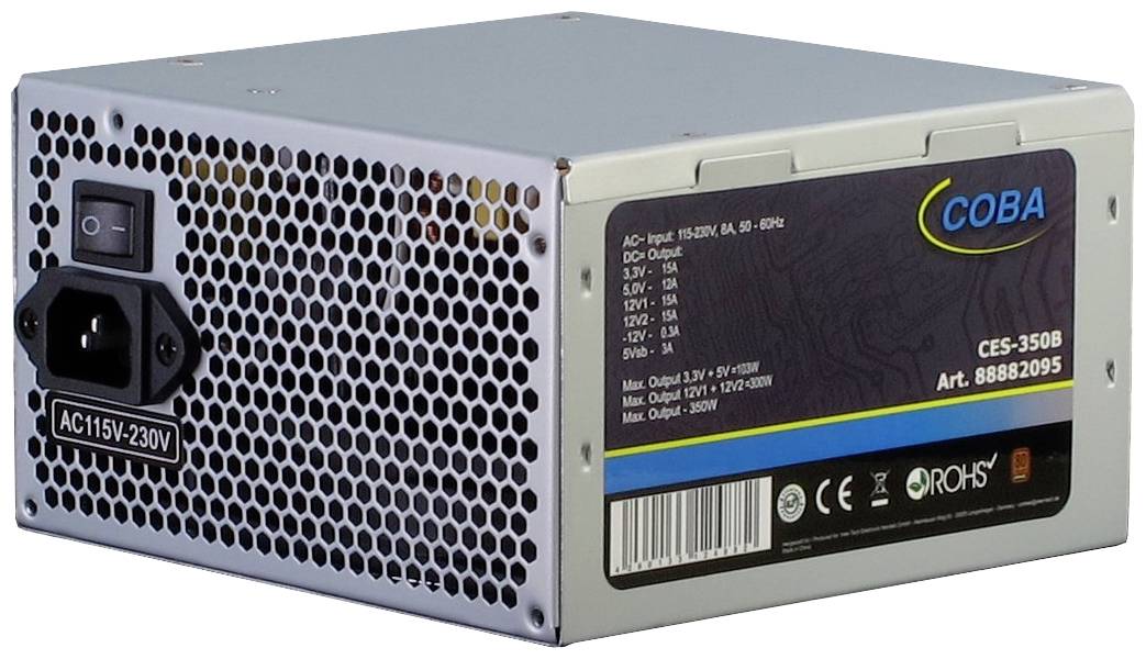 PC-Netzteil in grauem Metallgehäuse mit Lüftungsgitter, Hauptschalter und verschiedenen Strom- und Spannungsangaben auf Etikett.