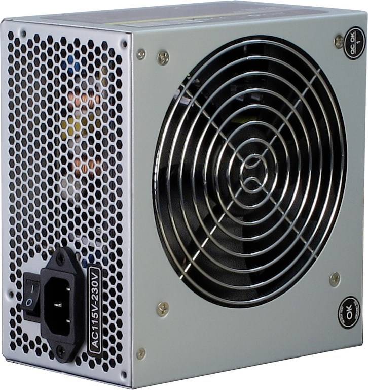 Ein Computer-Netzteil mit einem Kühlventilator und einer Anschlussbuchse für AC 115V-230V. Geeignet für unterschiedliche Stromspannungen.