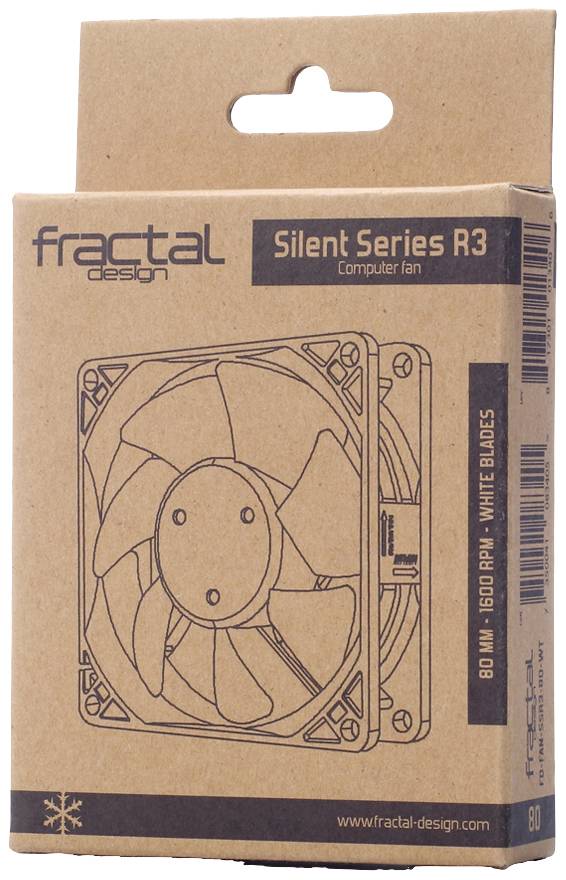 Verpackung eines Computerlüfters 'Fractal Silent Series R3' mit Abbildung des Lüfters; 80 mm, 1600 RPM, weiße Flügel.