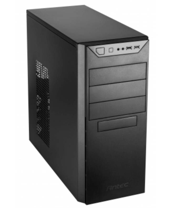 Schwarzes Computergehäuse mit zwei USB-Anschlüssen und einem Lüftergitter an der Seite, geeignet für Desktop-PCs.