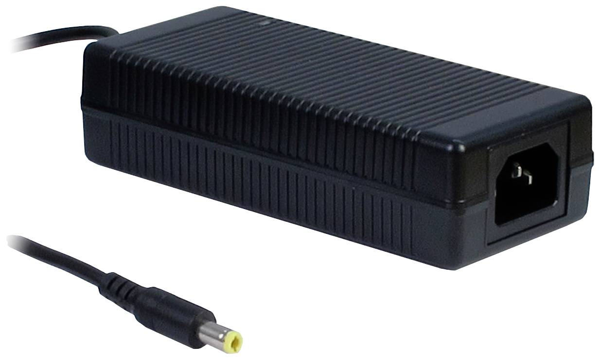 Ein schwarzes Netzteil mit einem DC-Anschlusskabel. Gerippte Oberfläche und rechteckige Form mit einem Standard-Wechselstromeingang.