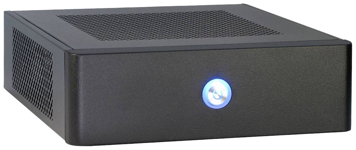 Ein kleiner schwarzer Computergehäuse mit leuchtender blauer Einschalttaste an der Vorderseite.