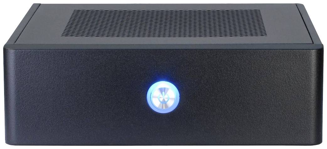 Ein kleiner, schwarzer Computer mit einem leuchtenden blauen Power-Knopf an der Vorderseite.