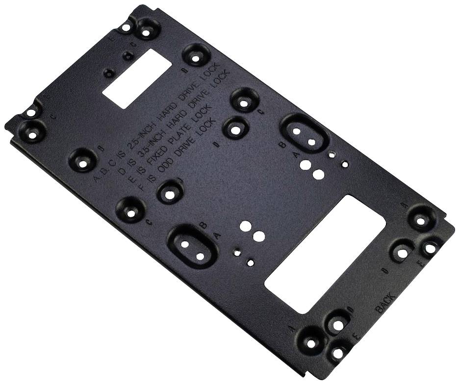'Schwarze Metallplatte mit Löchern und Gravur: A, B, C, E, F, G sind numerierte Festplattenschlösser. Markierungen: Back, 2.5