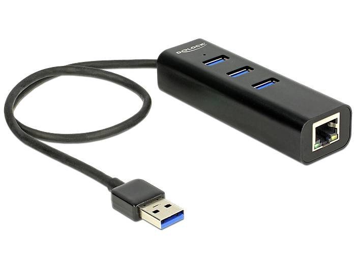 Ein USB-Hub mit drei USB-Anschlüssen und einem Ethernet-Anschluss. Eignet sich zur Erweiterung der Anschlussmöglichkeiten eines Computers.
