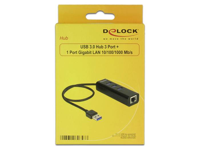 Verpackung eines USB 3.0 Hubs mit 3 Anschlüssen und 1 Gigabit LAN-Port. Marke: Delock. Farbe der Verpackung: Gelb.