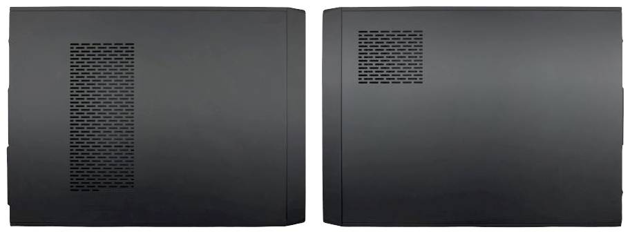 Zwei schwarze Computergehäuse nebeneinander mit Lüftungsschlitzen an den Seiten. Das linke Gehäuse hat größere Lüftungsschlitze.