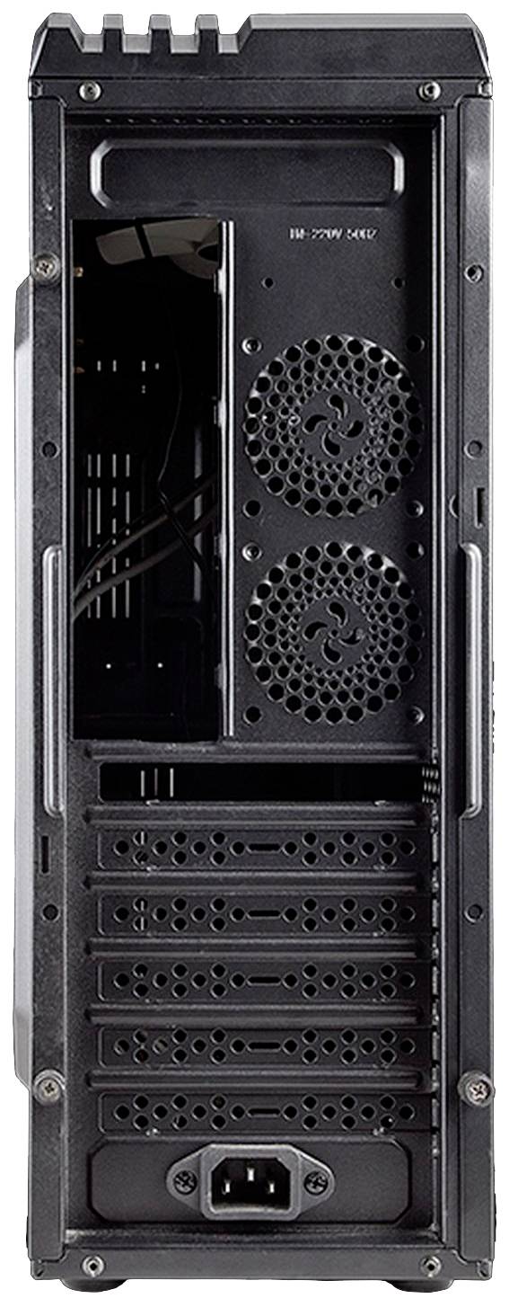 Rückansicht eines offenen Computergehäuses mit sichtbaren Lüftern und Steckplätzen für Erweiterungskarten.