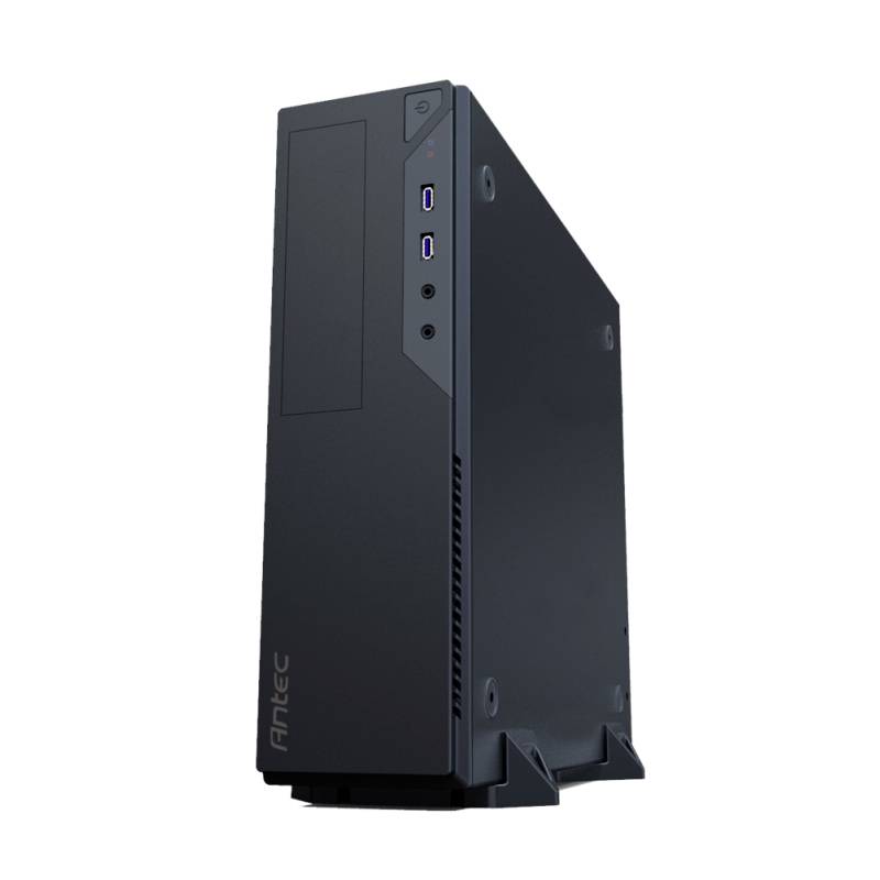 Schwarzes Antec-Computergehäuse, vertikal stehend, mit zwei USB-Anschlüssen an der Vorderseite, schlichtes Design.