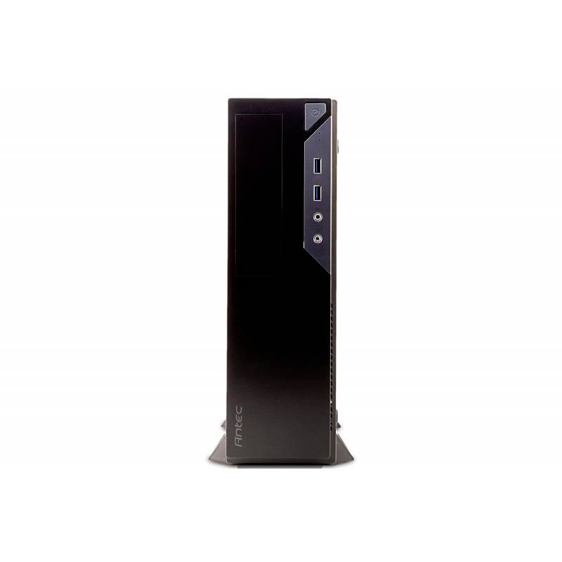 Ein schwarzer Computergehäuse mit schlankem Design, zwei USB-Ports und Audioanschlüssen an der Front, sowie dem Logo 'Antec'.