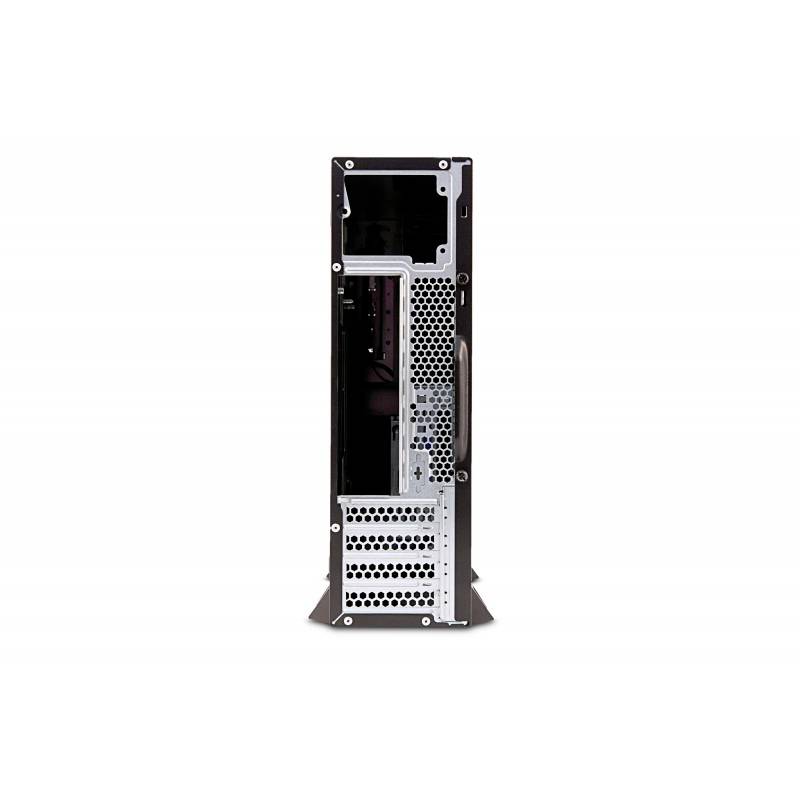 Rückansicht eines Computergehäuses mit Lüftungsschlitzen und Anschlüssen, vertikale Standposition. Ideal zum Kühlen der Hardware.