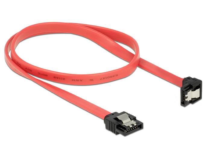 Rotes SATA-Kabel mit zwei Steckern, verwendet zum Anschluss von Festplatten an Mainboards in Computern für Datenübertragung.