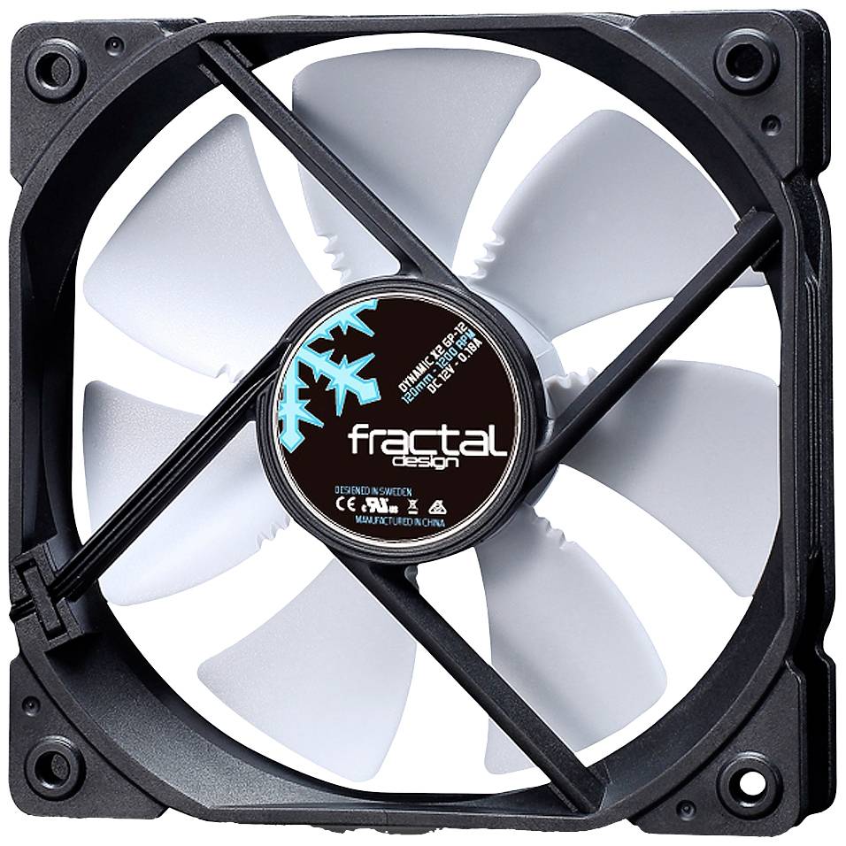 Ein quadratischer Computerlüfter mit schwarzen Kanten und weißen Rotorblättern. In der Mitte ist das Logo 'Fractal Design' zu sehen.