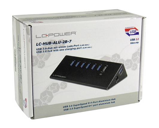 Foto einer LC Power LC-HUB-ALU-2B-7 USB 3.0-Hub-Verpackung mit sieben Ports, darunter ein Ladeport. SuperSpeed-Funktion hervorgehoben.