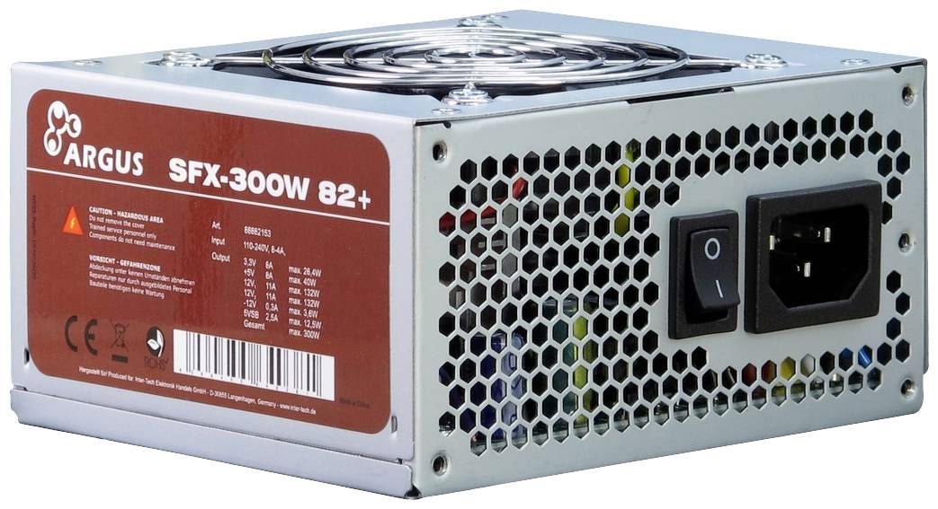 Ein SFX-Netzteil mit 300 Watt, Markenetikett 'ARGUS SFX-300W 82+', Lüftungsgitter oben und Netzschalter sowie Anschlussbuchse rechts.