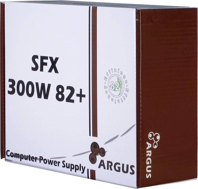 Die Verpackung zeigt ein 300W-Netzteil von Argus mit der Bezeichnung "SFX 300W 82+". Enthält ein Energiesparlogo.