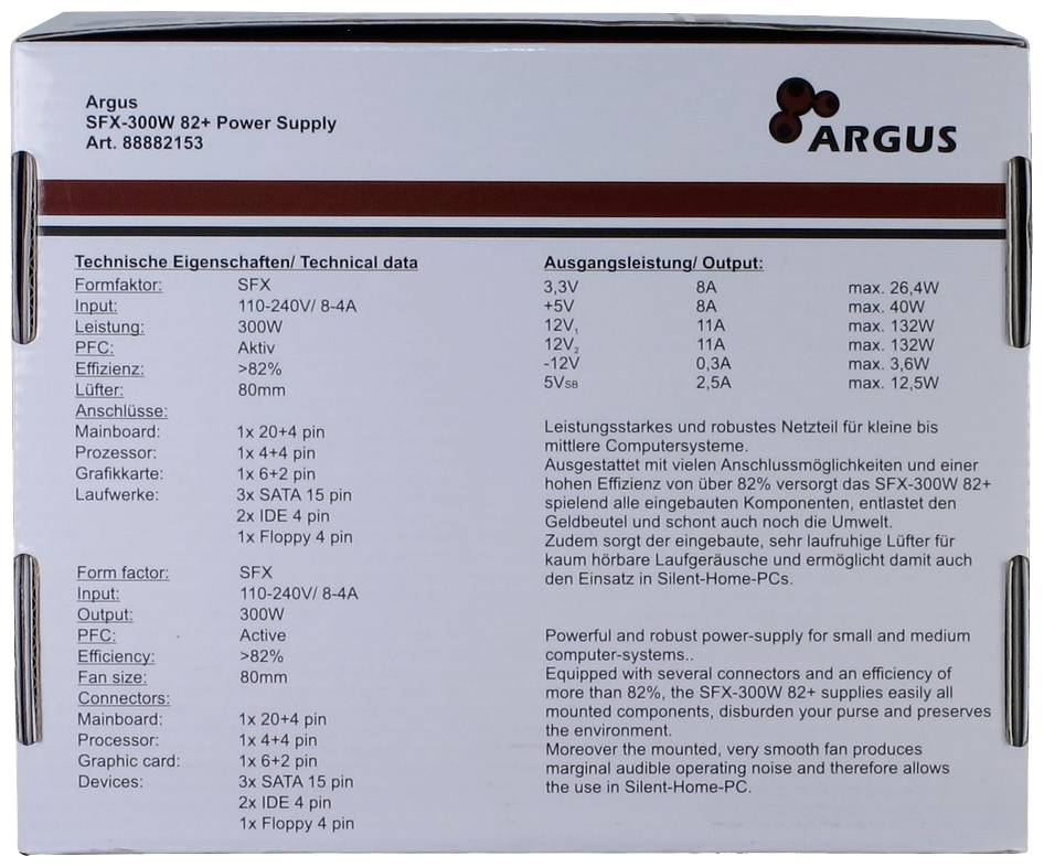 'Argus SFX-300W B2+ Power Supply' Verpackung. Technische Daten und Spezifikationen für Spannung, Stromstärke und Anschlüsse gelistet.