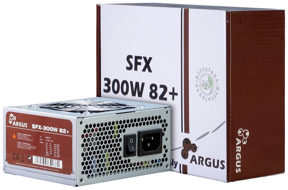 'Argus SFX 300W 82+' Netzteil mit Verpackung. Zeigt die Rückseite des Netzteils mit Anschlüssen und das Verpackungsdesign mit Produktdetails.