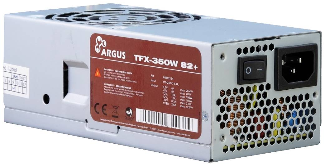 Silbernes Argus TFX-350W Netzteil mit Lüfter und Ein/Aus-Schalter. Geeignet für die Stromversorgung von Computern oder ähnlichen Geräten.