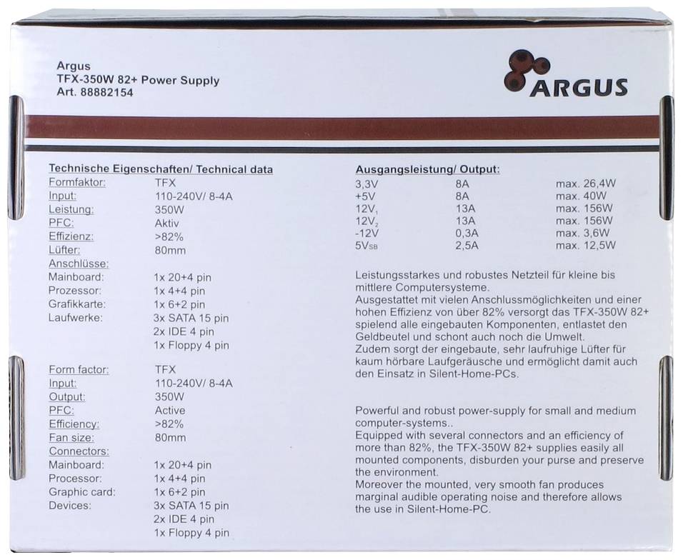 Argus TFX-350W 82+ Netzteil. Technische Daten: TFX Formfaktor, 350W Leistung, 80 PLUS Effizienz, 120mm Lüfter. Mehrere Anschlussarten.