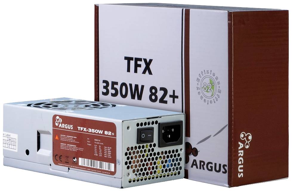 TFX 350W 82+ Netzteil von ARGUS, neben seiner Verpackung. Geeignet für Computer, mit Lüftungsschlitzen und Stromanschluss.