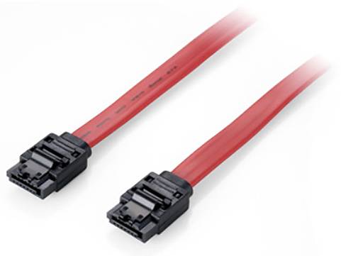Rotes SATA-Kabel mit zwei schwarzen Steckern an den Enden, verwendet für den Anschluss von internen Speichergeräten in Computern.