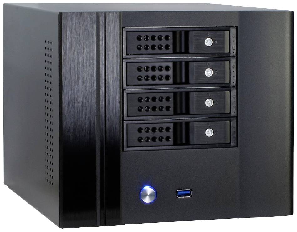 Ein schwarzer Computergehäusewürfel mit vier sichtbaren Festplatteneinschüben und einem leuchtenden blauen Power-Knopf unten.