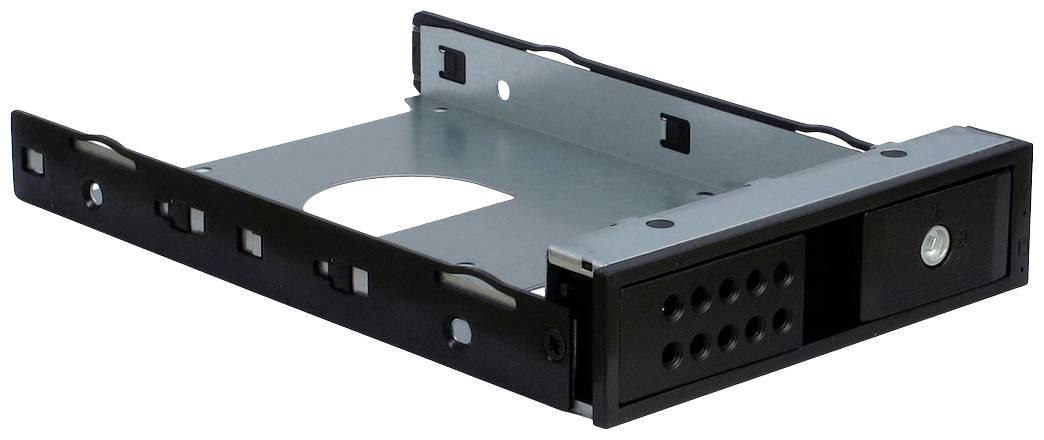 Metallrahmen für ein Computergehäuse mit Montagelöchern und einem Verschlussmechanismus an der Vorderseite.