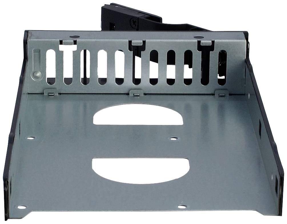 Metallrahmen eines Computergehäuses, ausgelegt zur Aufnahme von Speichermedien oder Laufwerken. Oberseite mit Lüftungsschlitzen.