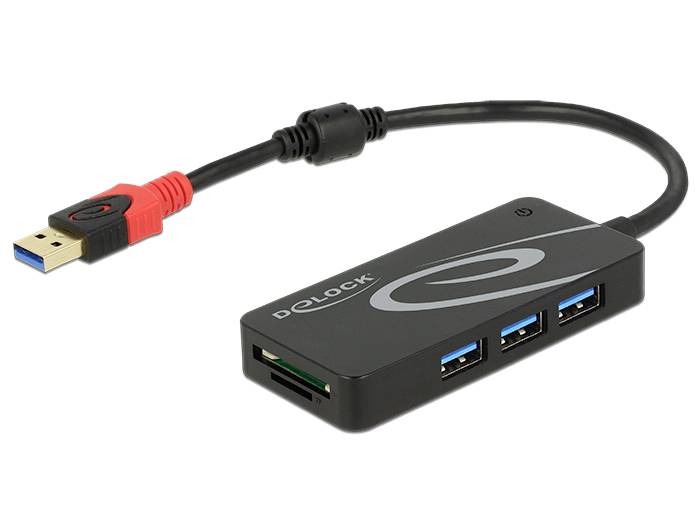 USB-Hub mit 3 USB-Ports und einem Speicherkartenleser von Delock, an ein USB-Kabel angeschlossen.
