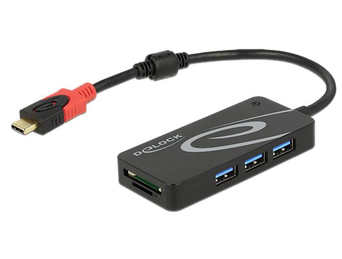 Adapterkabel mit drei USB-3.0-Anschlüssen und SD-Kartenleser. Verbindet Geräte über USB-C. Schwarzes Gehäuse mit rotem USB-C-Stecker.