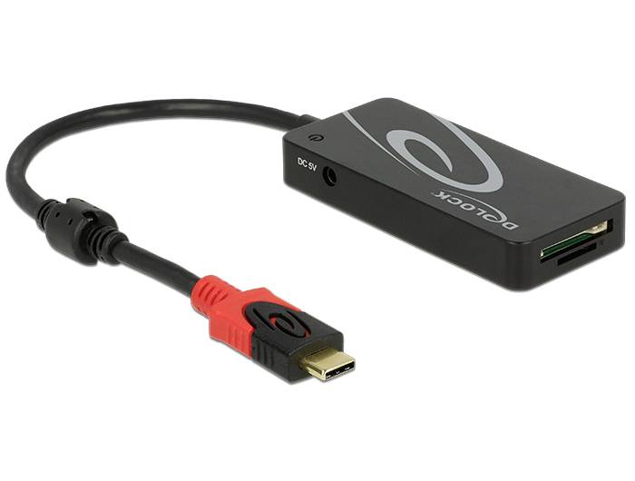 Schwarzer externer Kartenleser mit USB-Kabel und Kartenschlitz, geeignet für verschiedene Speicherkartenformate.