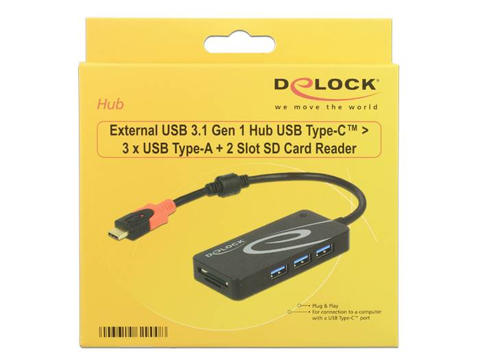 Verpackung eines USB-Hubs mit 3 USB-A-Anschlüssen und 2 SD-Kartensteckplätzen, kompatibel mit USB-C, abgebildet auf gelbem Hintergrund.