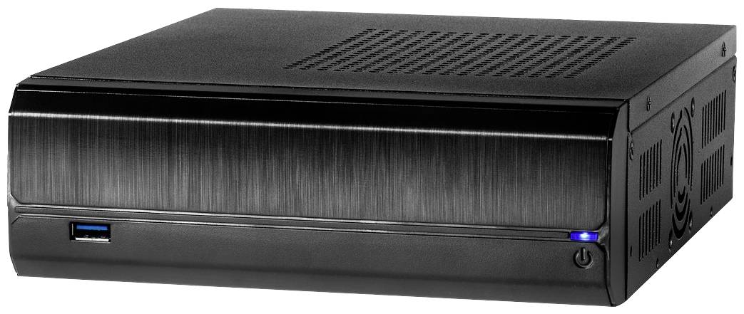 Schwarzes Mini-PC-Gehäuse mit blauer LED-Anzeige und USB-Anschluss auf der Vorderseite. Lüftungsschlitze oben und seitlich.