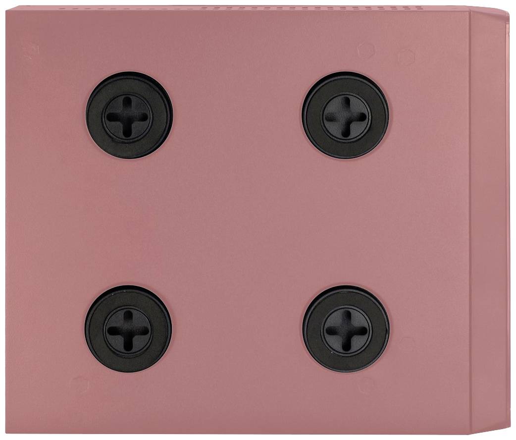 Ein quadratisches, rosafarbenes Objekt mit vier schwarzen, runden, kreuzförmig gemusterten Vertiefungen.